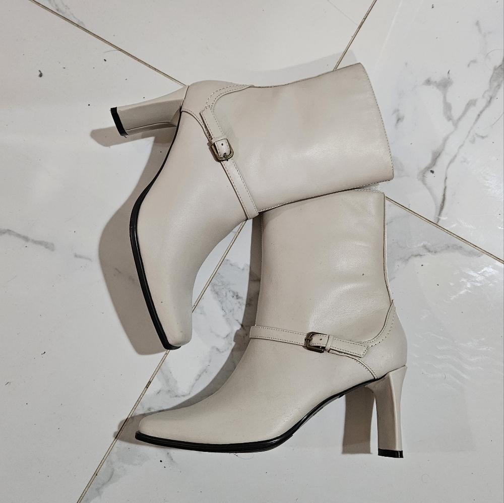 Cream Square Toe High Heel Boots